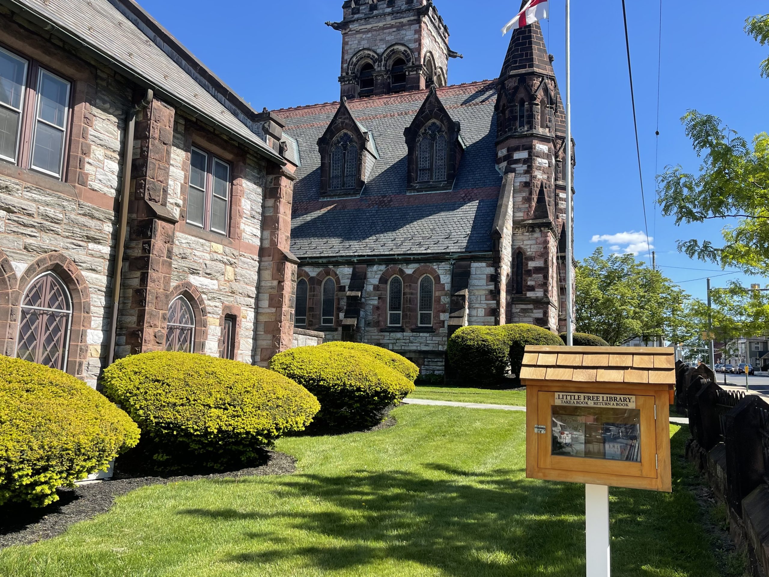 exterior church and little free library