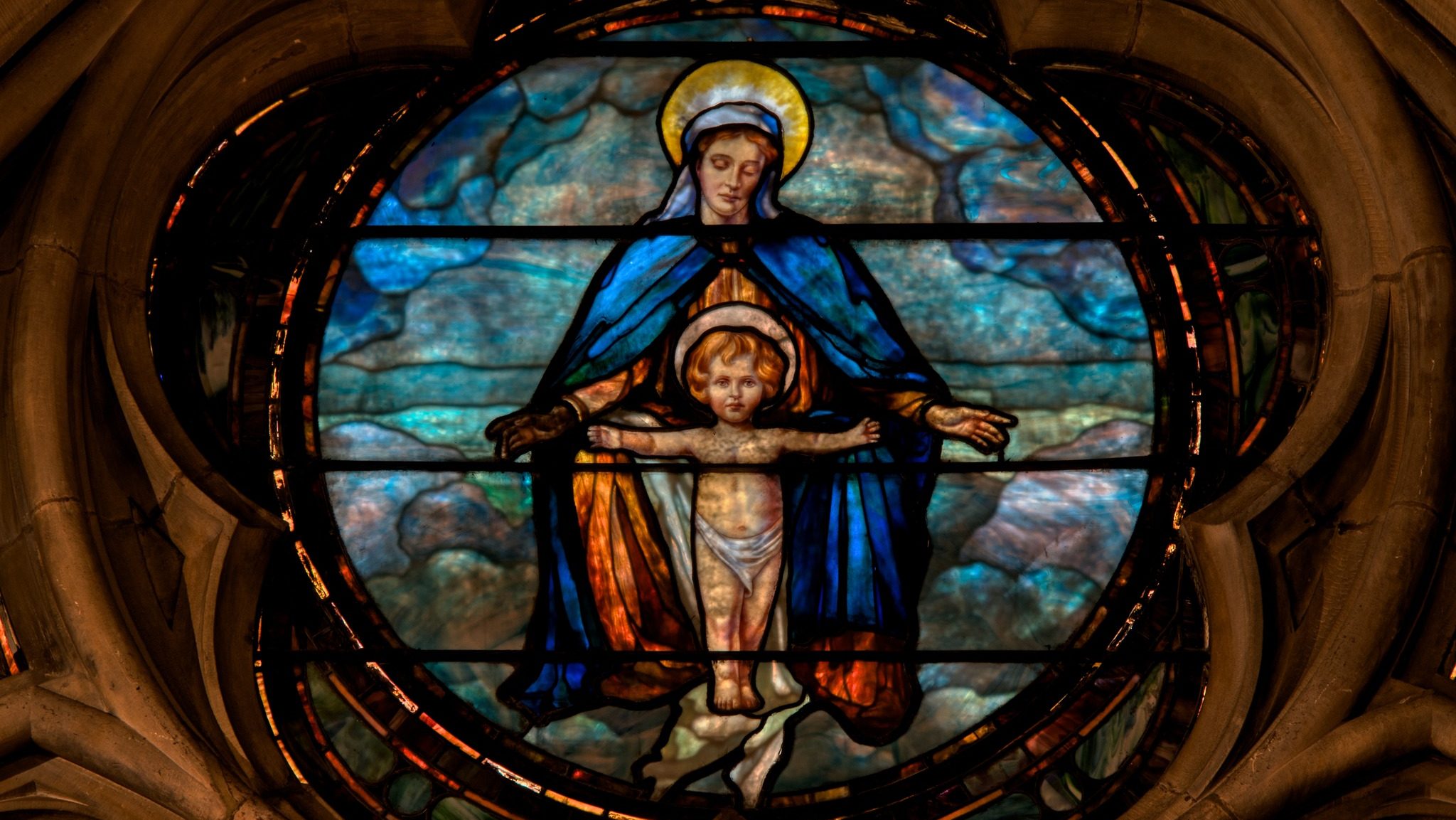 stained glass window of Mary and baby Jesus
